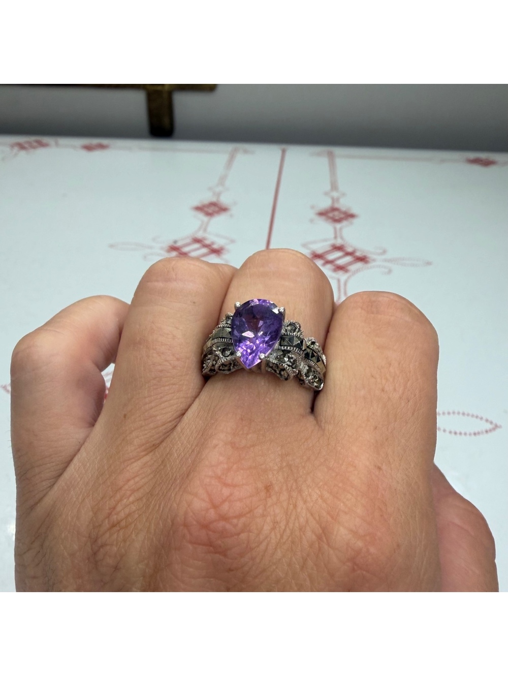 Judith Jack amethyst marcasite & sterling ring size 8 vintage - Picture 2 of 6